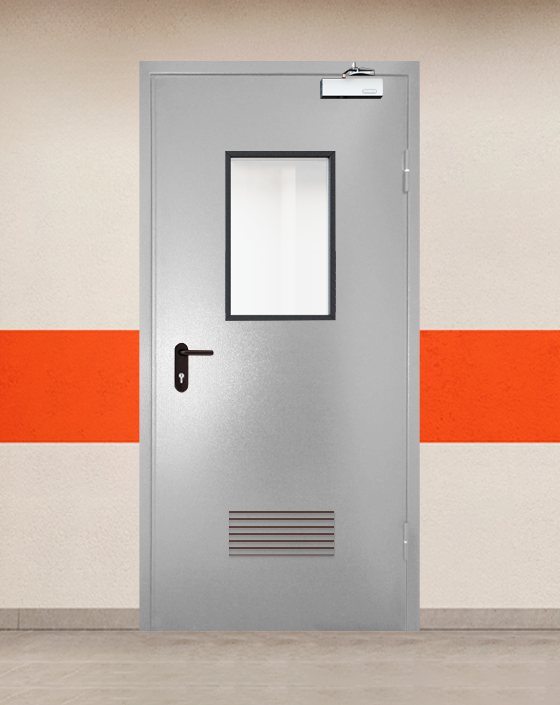 Противопожарная однопольная серая дверь порошковым напылением EI 45 с прямоугольным окном, прямоугольной решеткой