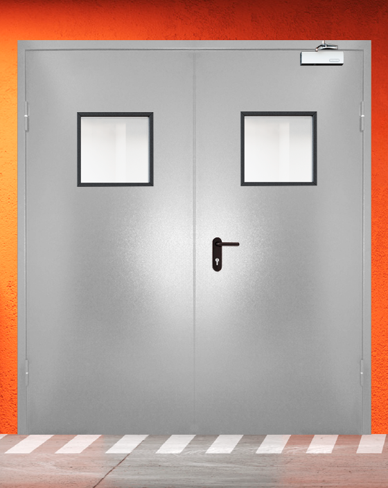 Противопожарная двупольная серая дверь порошковым напылением EIW 30 с квадратным окном