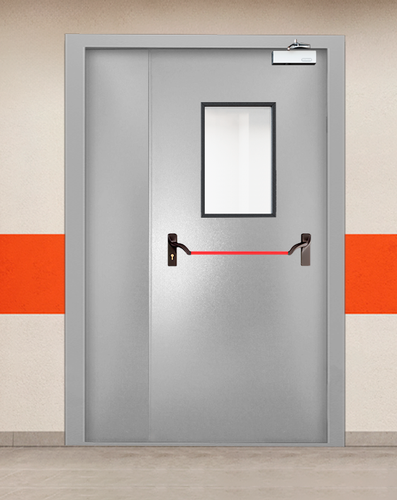 Противопожарная полуторная серая дверь порошковым напылением EI-90 с ручкой антипаника, прямоугольным окном