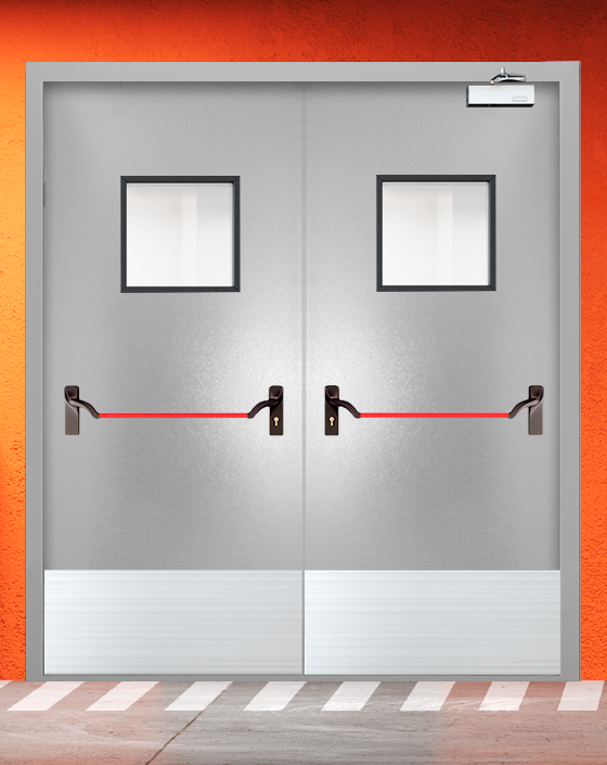 Противопожарная двупольная серая дверь порошковым напылением EIS 30 с ручкой антипаника, квадратным окном, широким отбойником