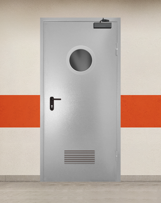 Противопожарная однопольная серая дверь порошковым напылением EI 90 с круглым окном, прямоугольной решеткой