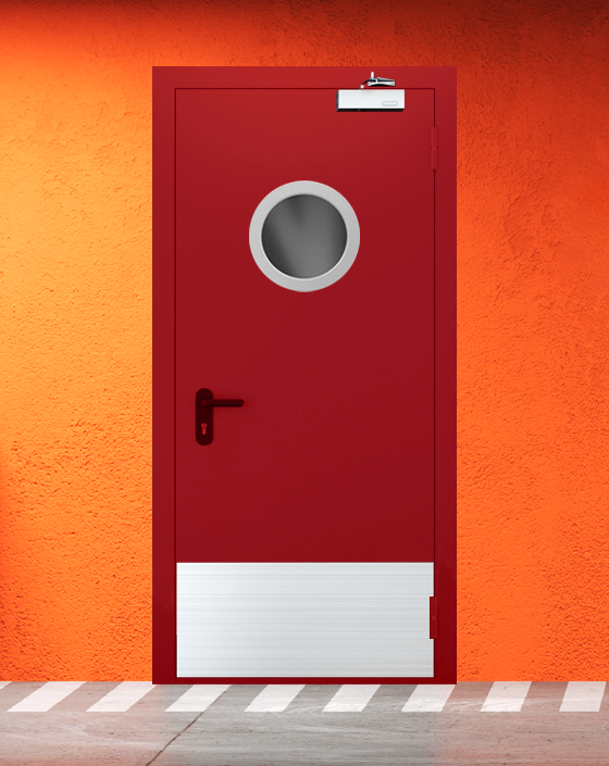 Противопожарная однопольная красная дверь EIW 45 с круглым окном, широким отбойником
