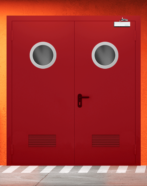 Противопожарная двупольная красная дверь EIWS 90 с круглым окном, прямоугольной решеткой