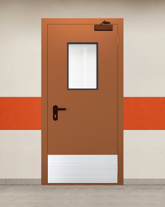 Противопожарная однопольная коричневая дверь EI 45 с прямоугольным окном, широким отбойником