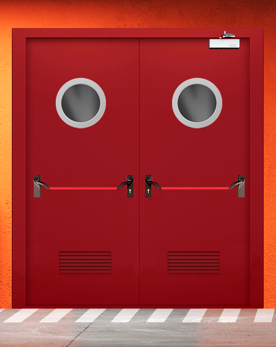 Противопожарная двупольная красная дверь EIW 45 с ручкой антипаника, круглым окном, прямоугольной решеткой