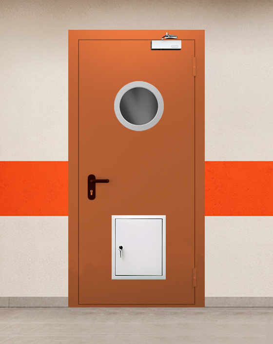 Противопожарная однопольная коричневая дверь EI 60 (2-го типа) с круглым окном, стыковочным узлом