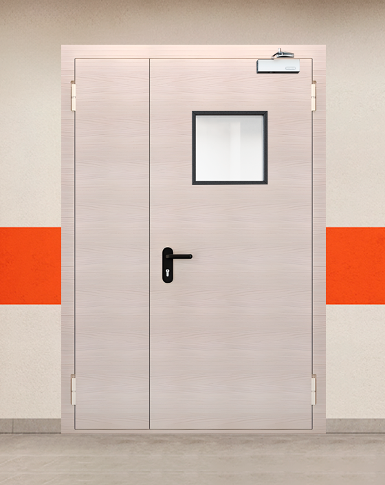 Противопожарная полуторная МДФ бежевая дверь с квадратным окном