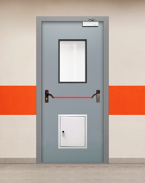 Противопожарная однопольная серая дверь EIS 60 с ручкой антипаника, прямоугольным окном, стыковочным узлом