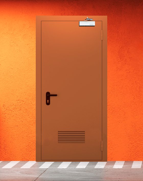 Противопожарная однопольная коричневая дверь EI 60 (2-го типа) с прямоугольной решеткой