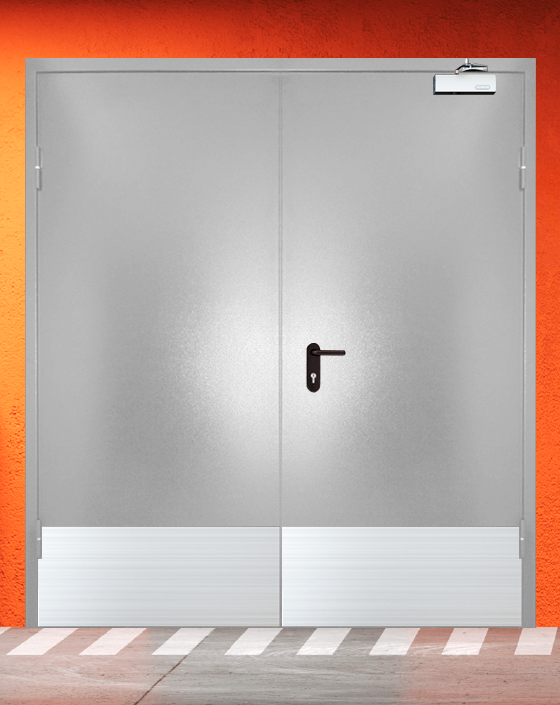 Противопожарная двупольная серая дверь порошковым напылением EIW 30 с широким отбойником