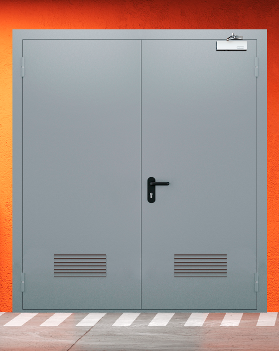 Противопожарная двупольная серая дверь EI-90 с прямоугольной решеткой