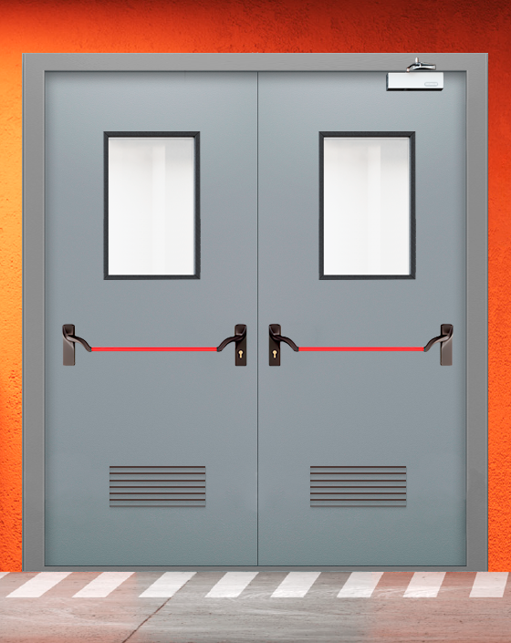 Противопожарная двупольная серая дверь EI 30 (3-го типа) с ручкой антипаника, прямоугольным окном, прямоугольной решеткой