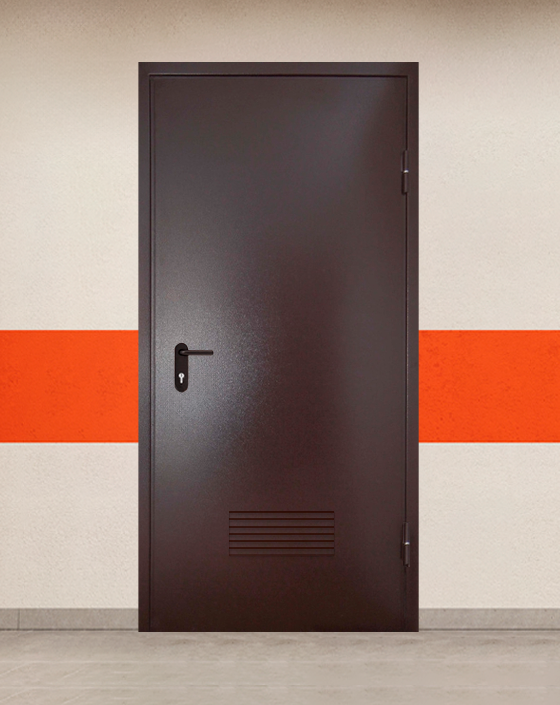 Противопожарная однопольная коричневая дверь порошковым напылением EIS 30 без доводчика с прямоугольной решеткой