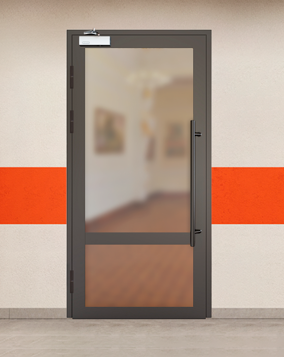 Противопожарная однопольная светопрозрачная стальная коричневая дверь EIW 30 с ручками во всю высоту