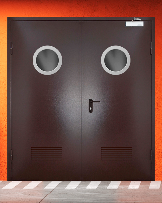 Противопожарная двупольная коричневая дверь порошковым напылением EIWS 30 с круглым окном, прямоугольной решеткой