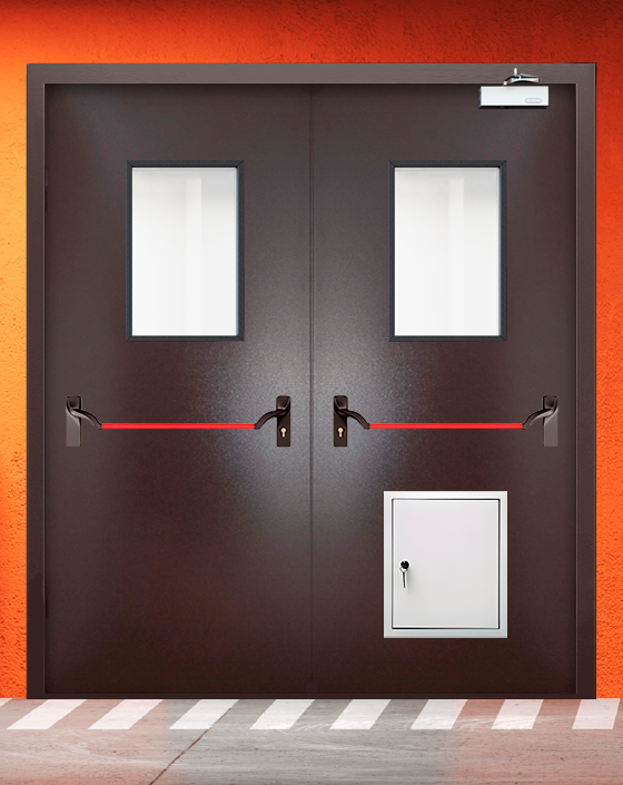 Противопожарная двупольная коричневая дверь порошковым напылением EIWS 60 с ручкой антипаника, прямоугольным окном, стыковочным узлом