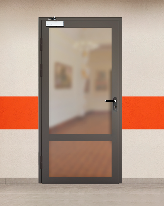 Противопожарная однопольная светопрозрачная стальная коричневая дверь EIW 30 с блестящей ручкой