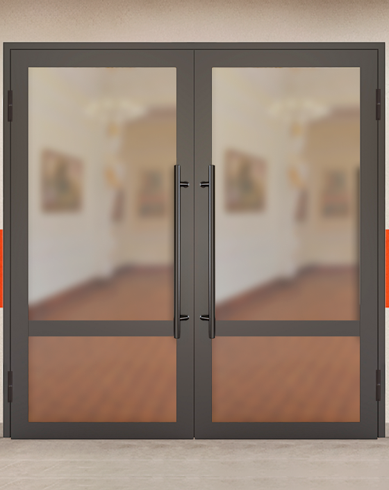 Противопожарная двупольная светопрозрачная стальная коричневая дверь EIW 60 без доводчика с ручками скобами