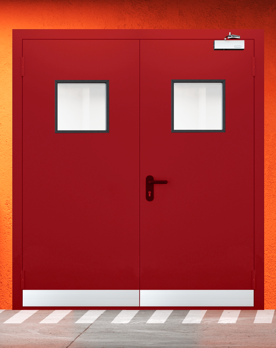 Противопожарная двупольная красная дверь EIWS 90 с квадратным окном, узким отбойником