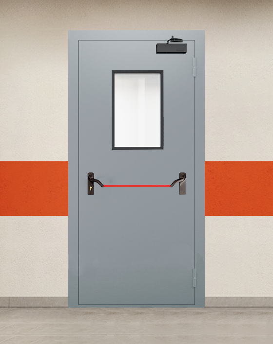 Противопожарная однопольная серая дверь EI 90 с ручкой антипаника, прямоугольным окном