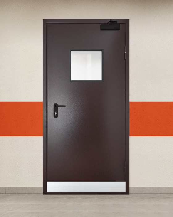 Противопожарная однопольная коричневая дверь порошковым напылением EI 90 с квадратным окном, узким отбойником