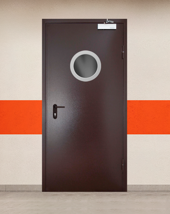Противопожарная однопольная коричневая дверь порошковым напылением EIS 30 с круглым окном