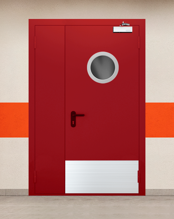 Противопожарная полуторная красная дверь EI 60 (2-го типа) с круглым окном, широким отбойником