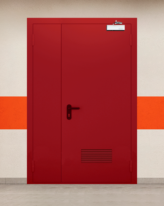 Противопожарная полуторная красная дверь EI 60 (2-го типа) с прямоугольной решеткой