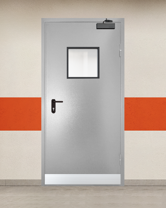 Противопожарная однопольная серая дверь порошковым напылением EI 90 с квадратным окном, узким отбойником 
