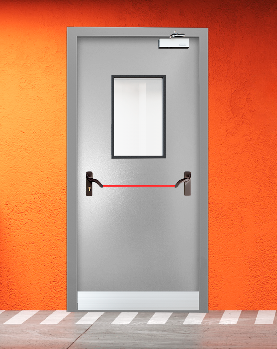 Противопожарная однопольная серая дверь порошковым напылением EIS 45 с ручкой антипаника, прямоугольным окном, узким отбойником