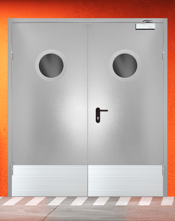 Противопожарная двупольная серая дверь порошковым напылением EIW 30 с круглым окном, широким отбойником