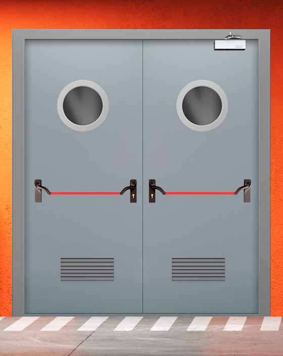 Противопожарная двупольная серая дверь EI 30 (3-го типа) с ручкой антипаника, круглым окном, прямоугольной решеткой