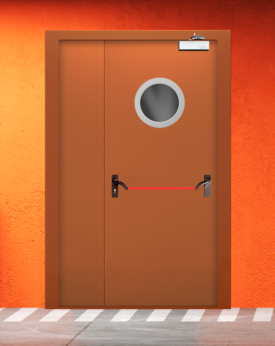 Противопожарная полуторная коричневая дверь EIS 60 с ручкой антипаника, круглым окном