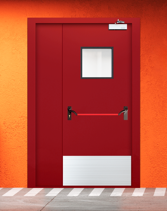 Противопожарная полуторная красная дверь EIW 60 с ручкой антипаника, квадратным окном, широким отбойником