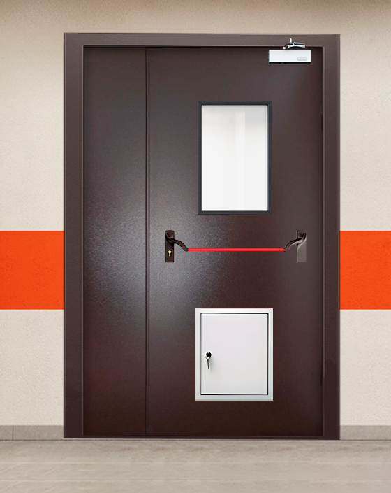 Противопожарная полуторная коричневая дверь порошковым напылением EIS 90 с ручкой антипаника, прямоугольным окном, стыковочным узлом