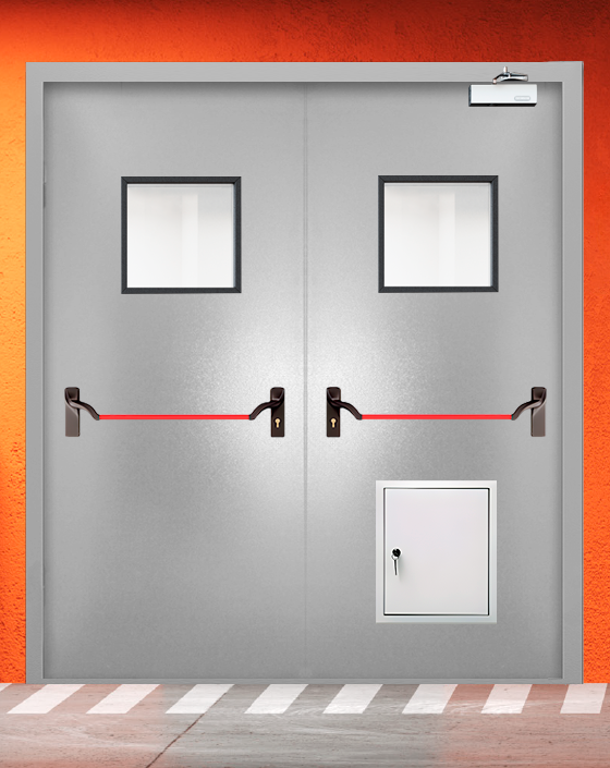Противопожарная двупольная серая дверь порошковым напылением EIS 30 с ручкой антипаника, квадратным окном, стыковочным узлом