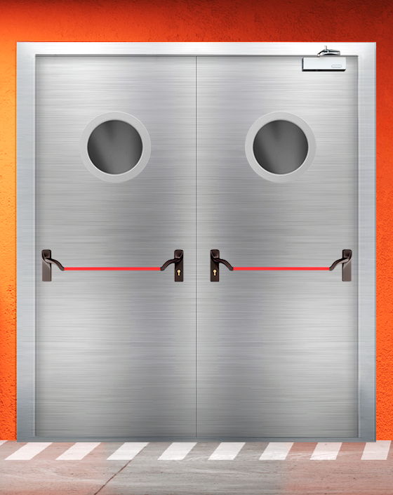 Противопожарная двупольная из нержавеющей стали серая дверь EI 30 (3-го типа) с ручкой антипаника, круглым окном