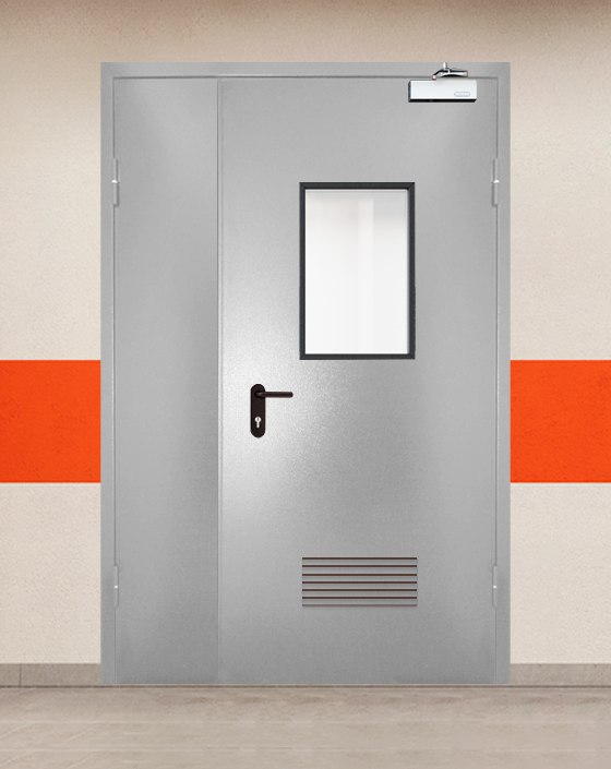 Противопожарная полуторная серая дверь порошковым напылением EIS 45 с прямоугольным окном, прямоугольной решеткой