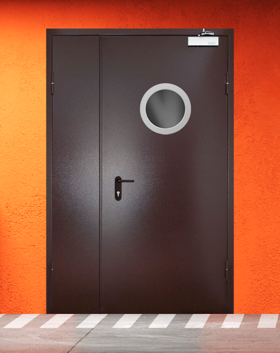 Противопожарная полуторная коричневая дверь порошковым напылением EIS 60 с круглым окном