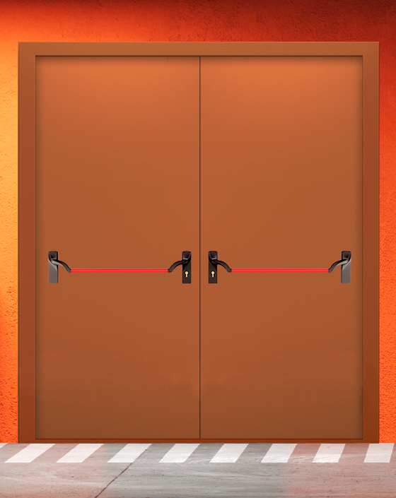 Противопожарная двупольная коричневая дверь EIS 60 без доводчика с ручкой антипаника