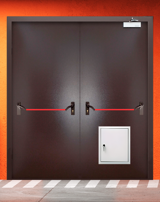 Противопожарная двупольная коричневая дверь порошковым напылением EIWS 60 с ручкой антипаника, стыковочным узлом