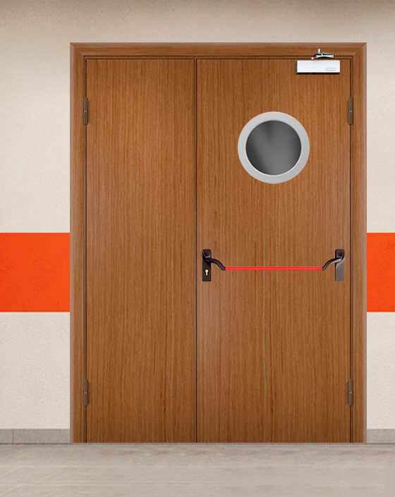 Противопожарная полуторная шпон дверь с ручкой антипаника, круглым окном