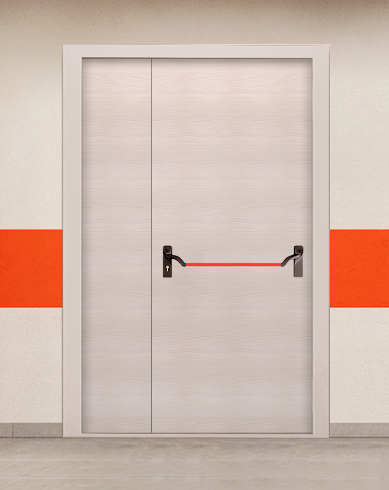 Противопожарная полуторная МДФ бежевая дверь без доводчика с ручкой антипаника