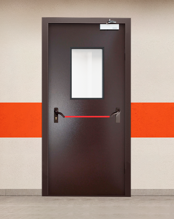Противопожарная однопольная коричневая дверь порошковым напылением EIWS 45 с ручкой антипаника, прямоугольным окном