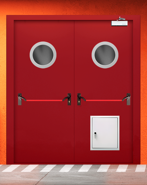 Противопожарная двупольная красная дверь EIW 45 с ручкой антипаника, круглым окном, стыковочным узлом