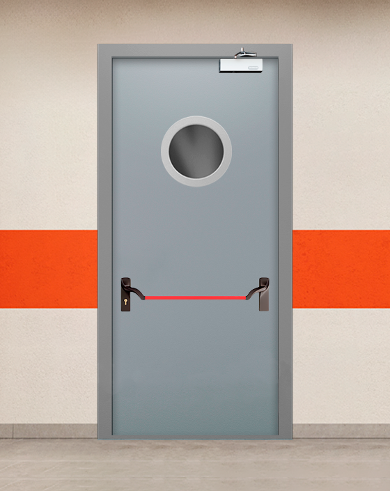 Противопожарная однопольная серая дверь EIS 60 с ручкой антипаника, круглым окном