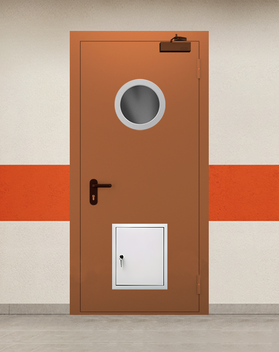 Противопожарная однопольная коричневая дверь EI 45 с круглым окном, стыковочным узлом