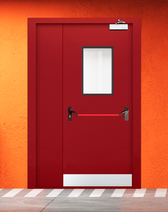 Противопожарная полуторная красная дверь EIW 60 с ручкой антипаника, прямоугольным окном, узким отбойником