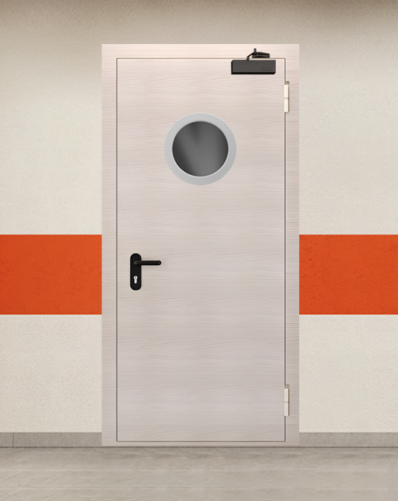 Противопожарная однопольная МДФ бежевая дверь EIS 90 с круглым окном