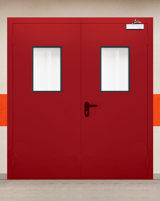 Противопожарная двупольная красная дверь EIWS 90 с прямоугольным окном